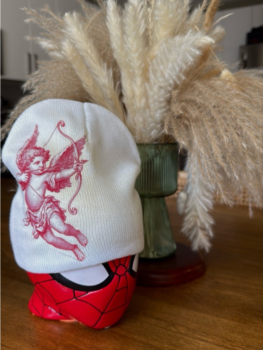 White Kids Beanie with Pink Cherub Graphic